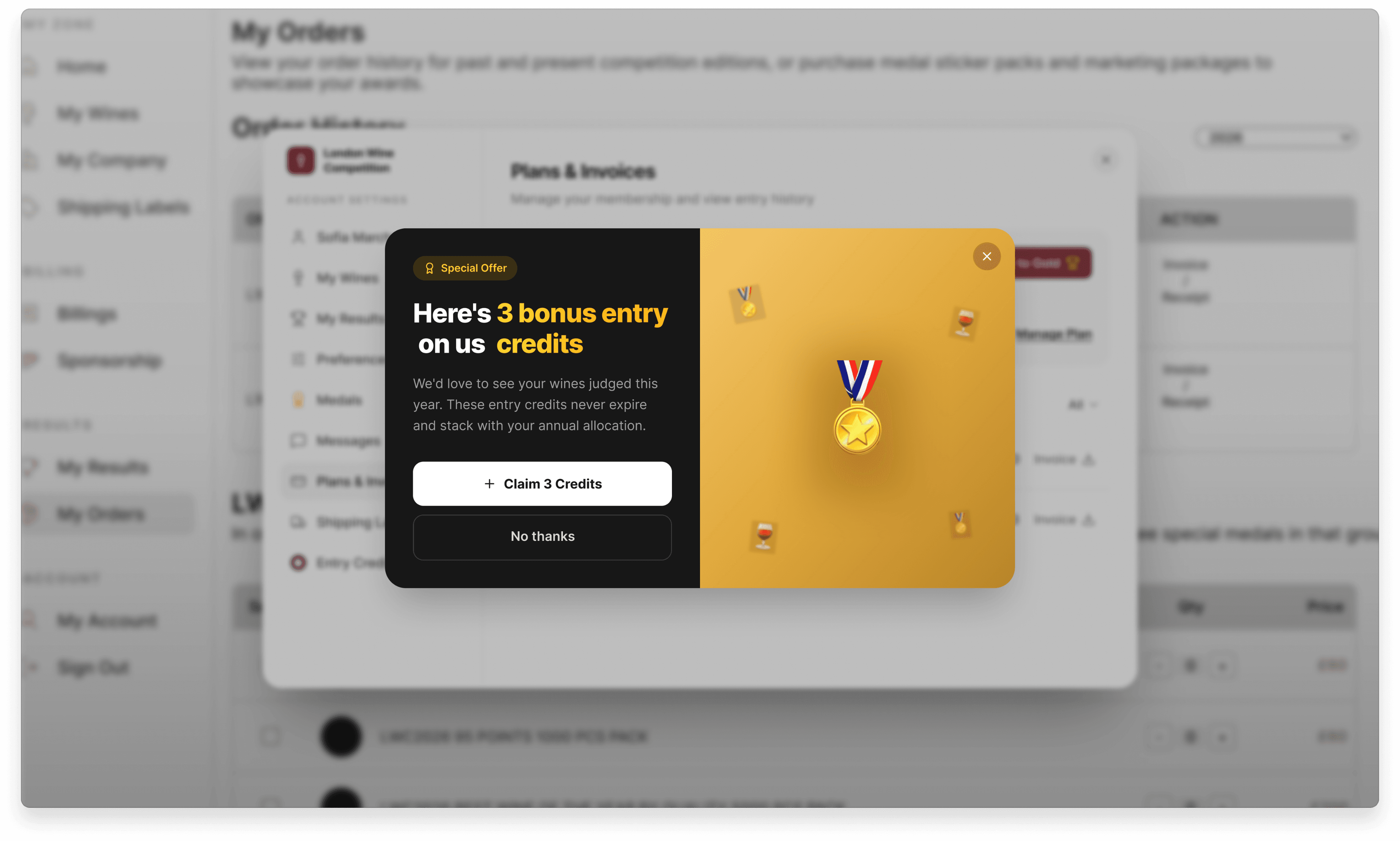Special offer modal granting 3 non-expiring bonus entry credits