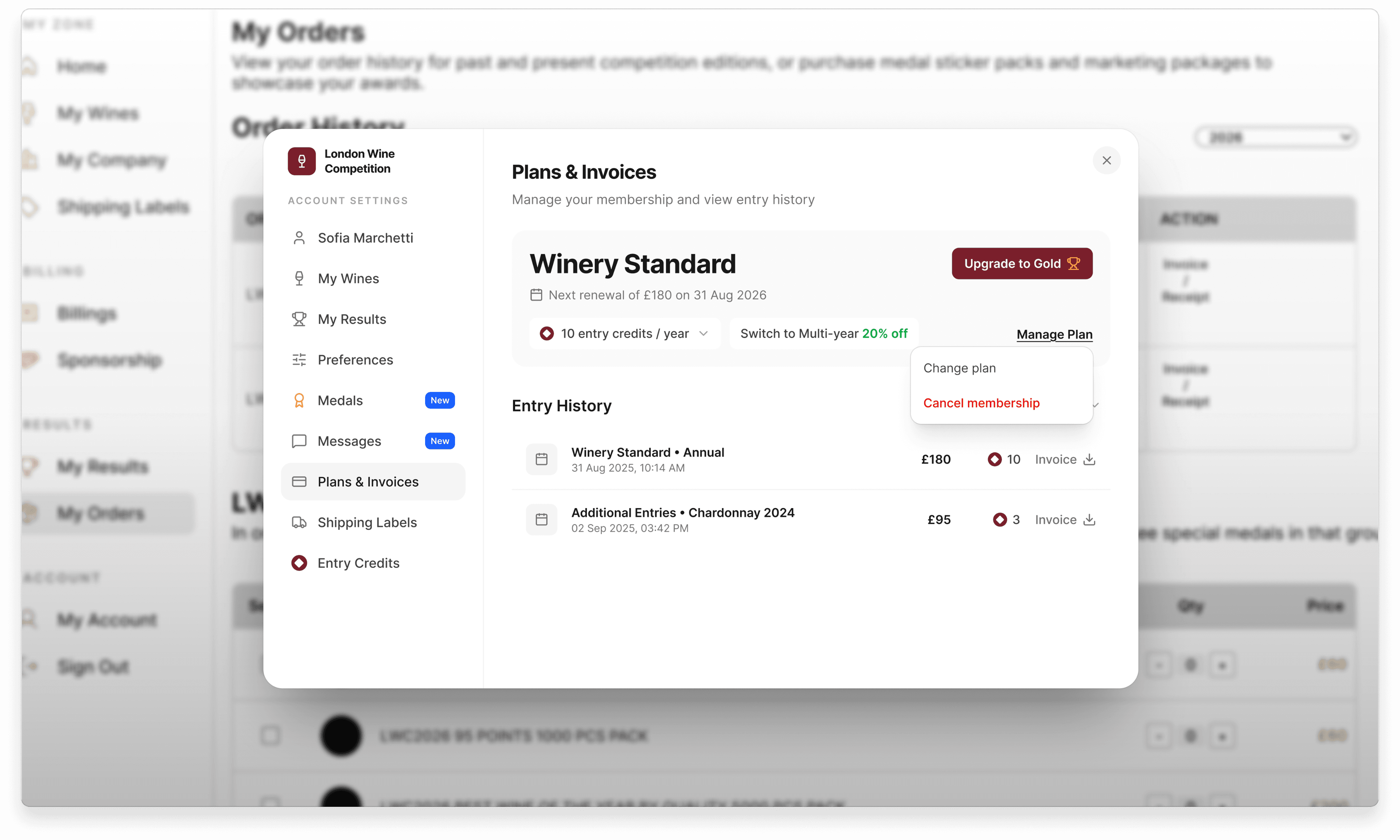 Plans & Invoices portal showing Winery Standard tier, renewal date, entry credits, and a Cancel membership menu