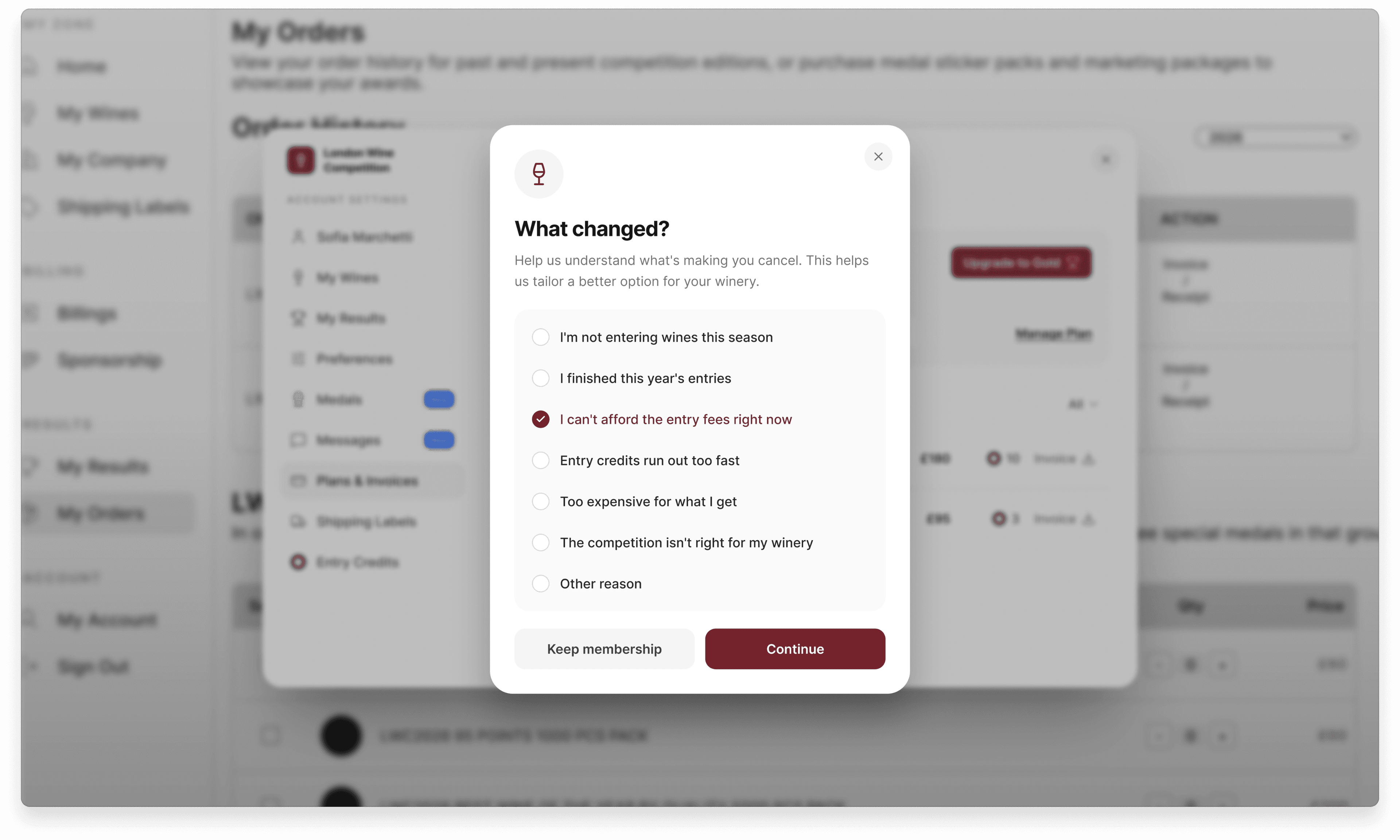 What changed cancellation survey with 7 radio-button reasons for leaving