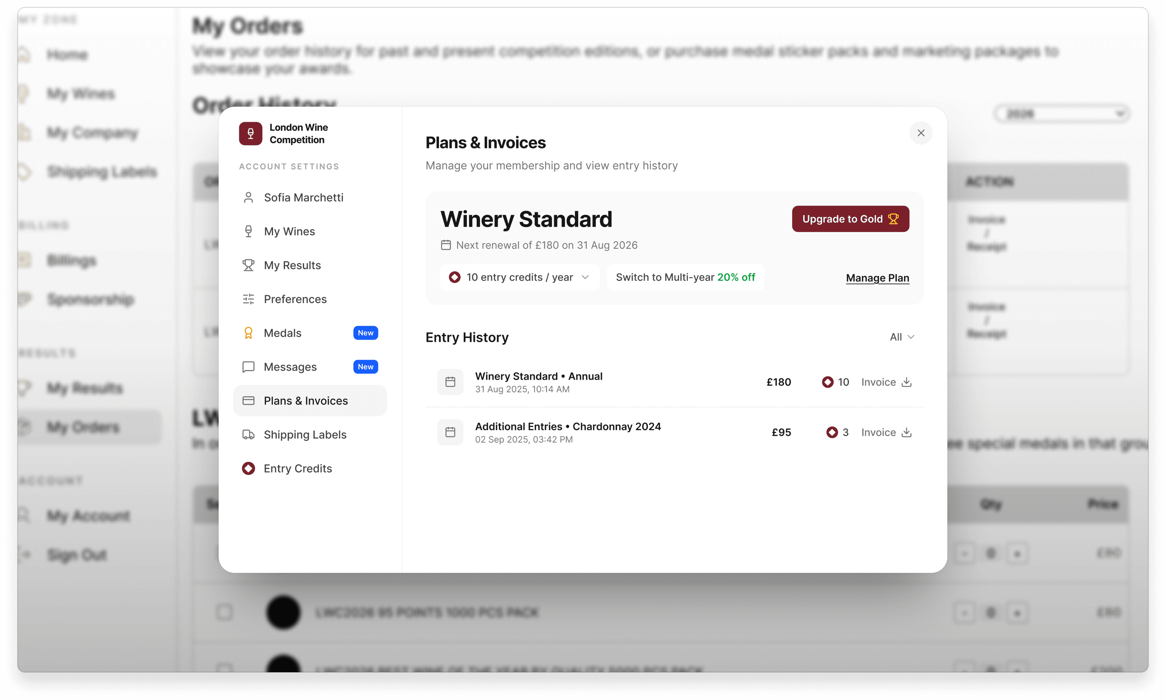 Plans & Invoices portal showing the winery's plan and entry history intact after cancellation