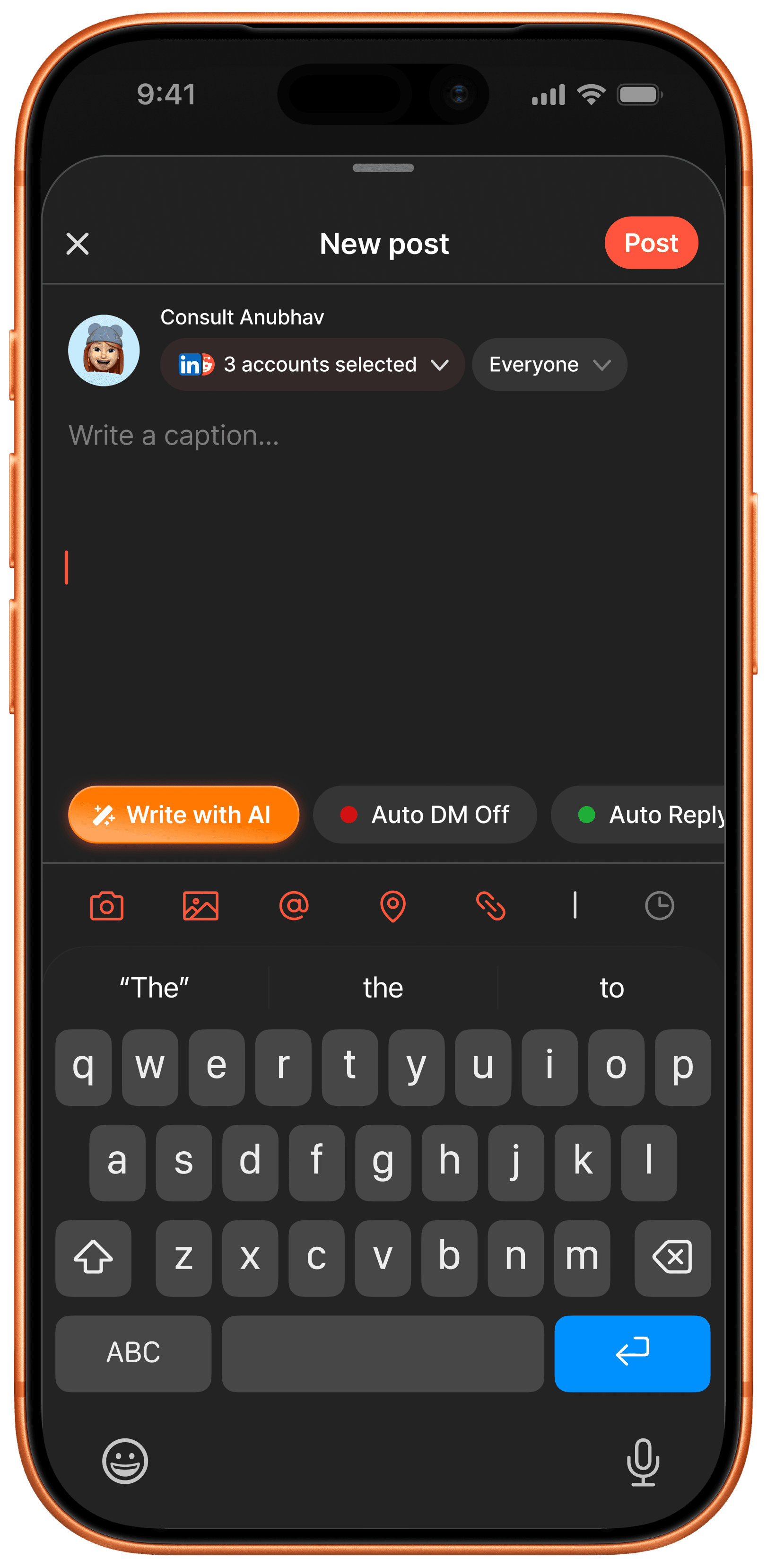 Dark mode new post composer with the AI-generated caption applied
