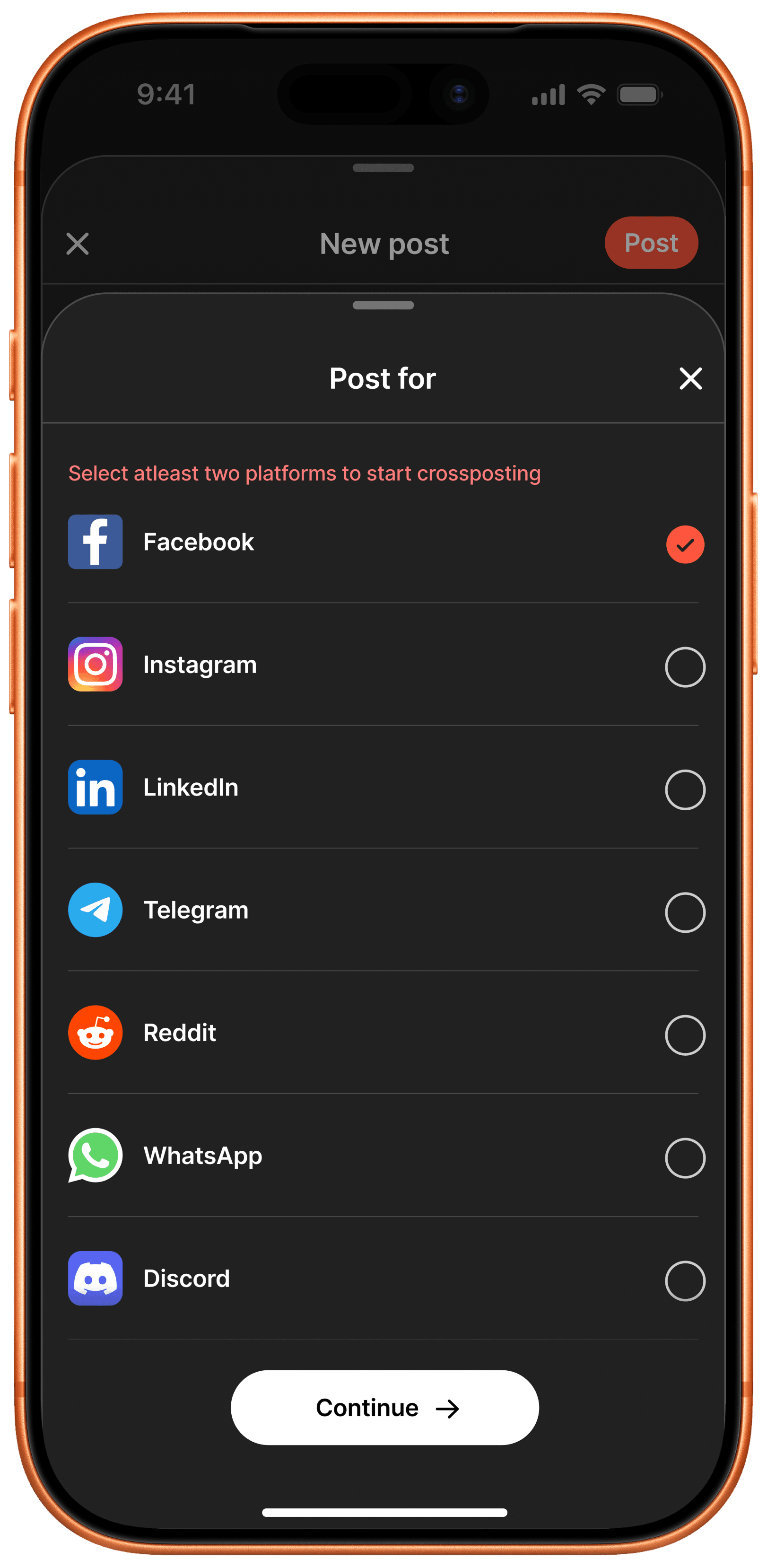 Dark mode Post for platform picker with Facebook selected