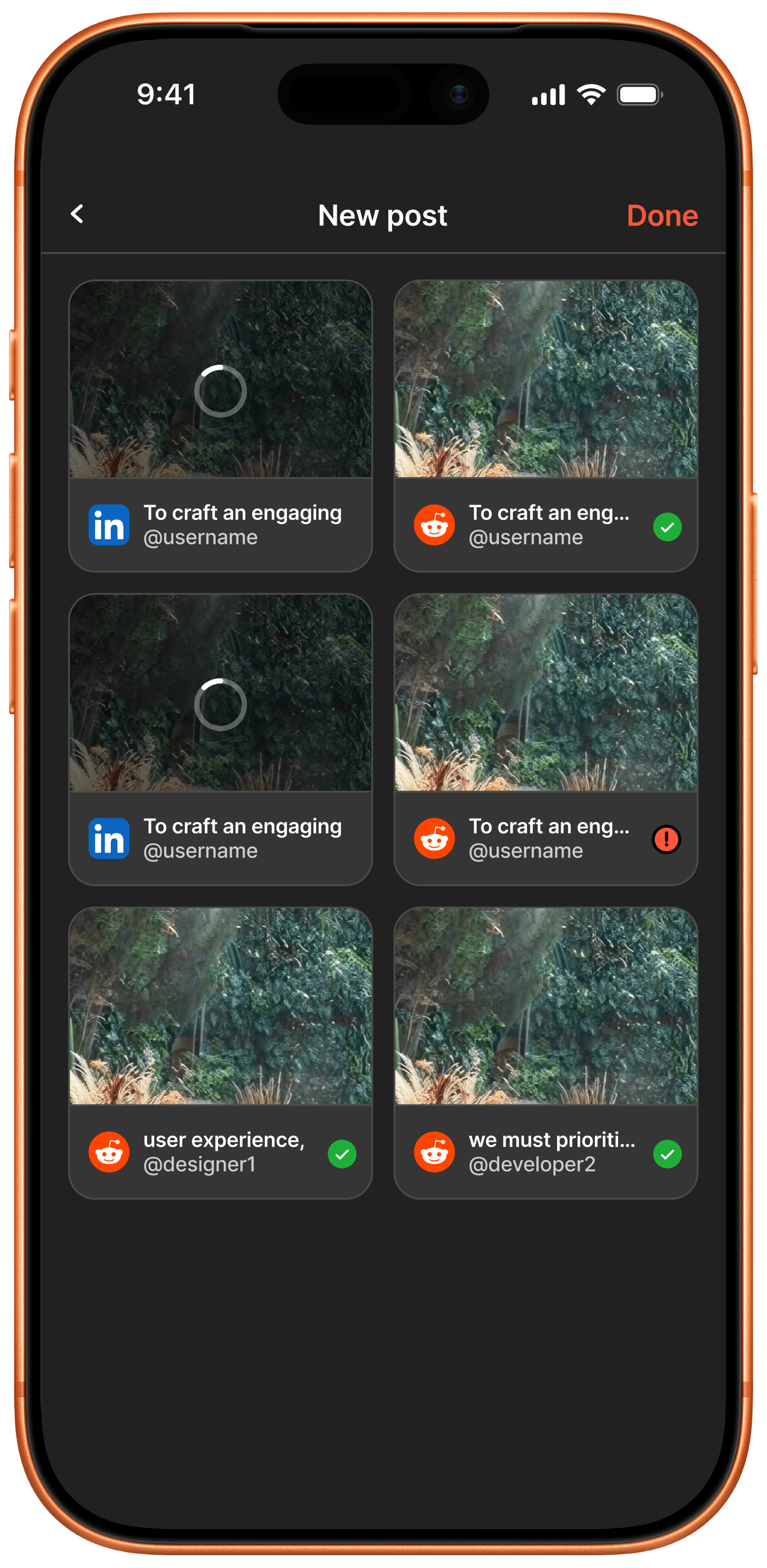 Dark mode publish status grid showing per-platform posting states