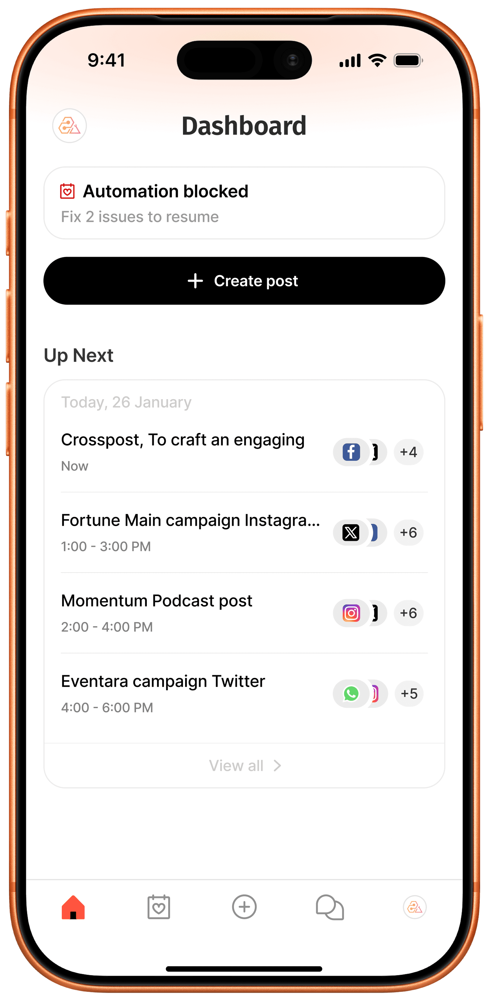 Krosspost dashboard with an automation blocked warning and an Up Next list of scheduled posts