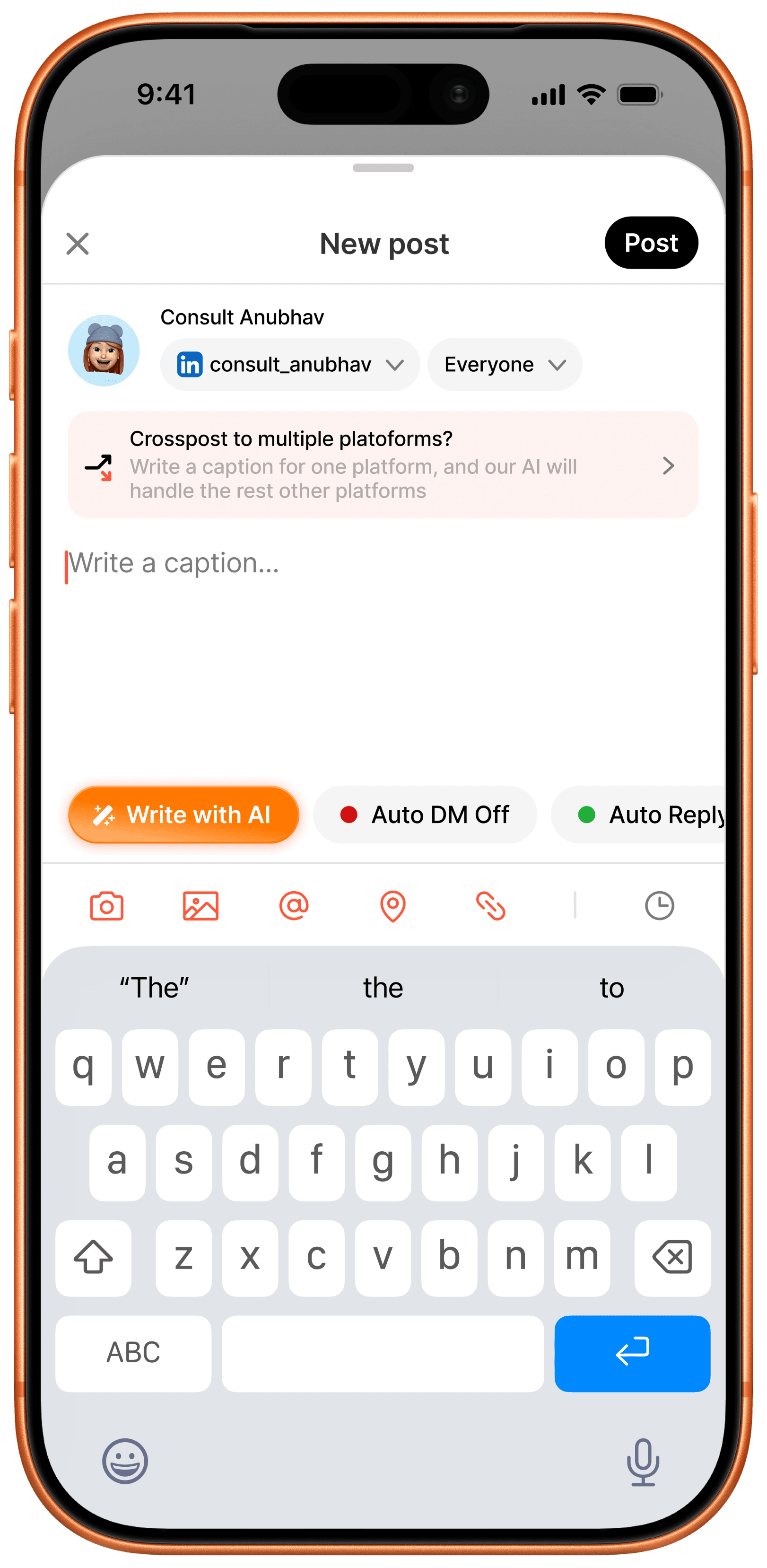 New post composer with a Crosspost to multiple platforms banner and Write with AI button