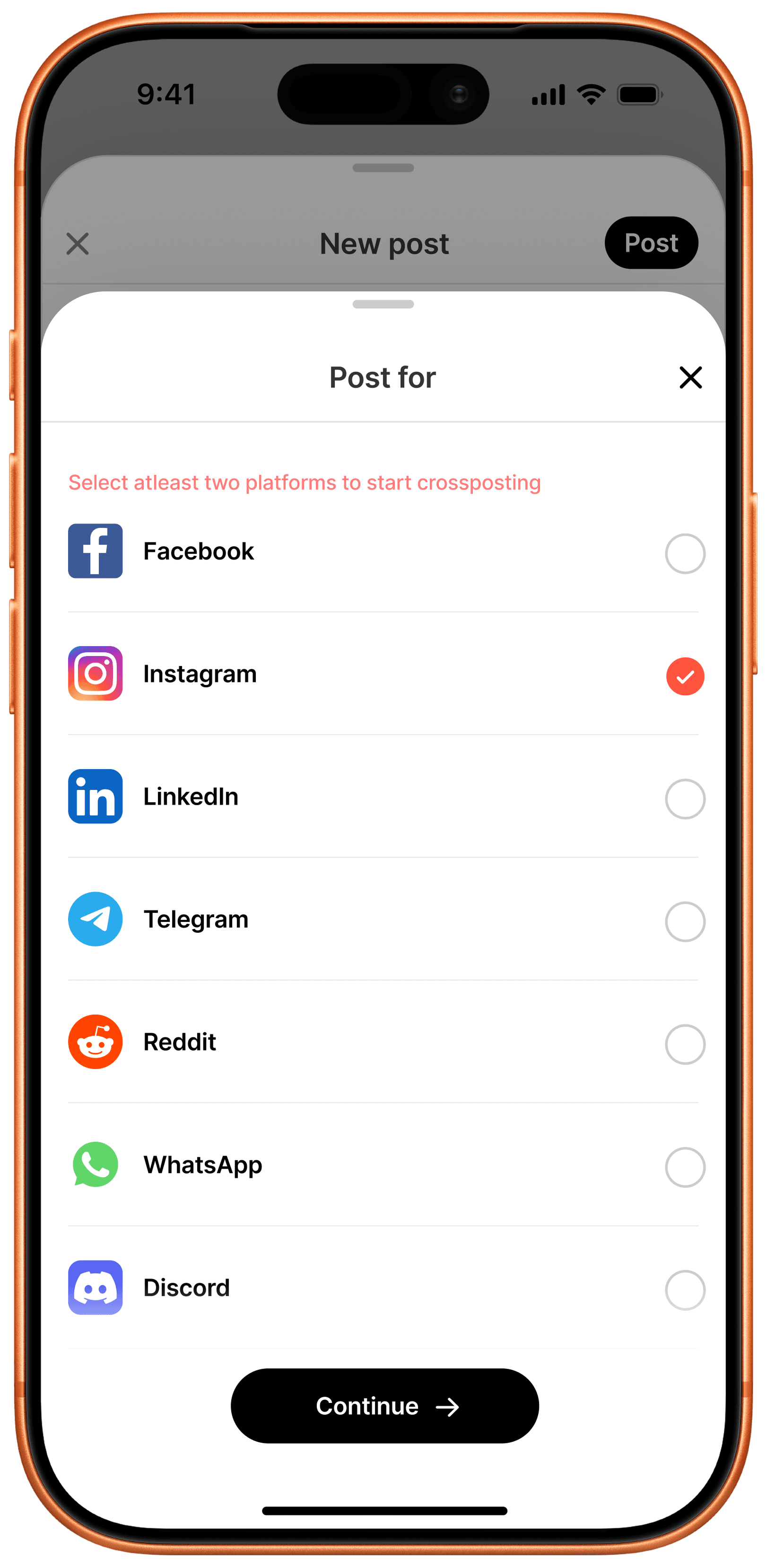 Post for platform picker requiring at least two platforms selected before continuing