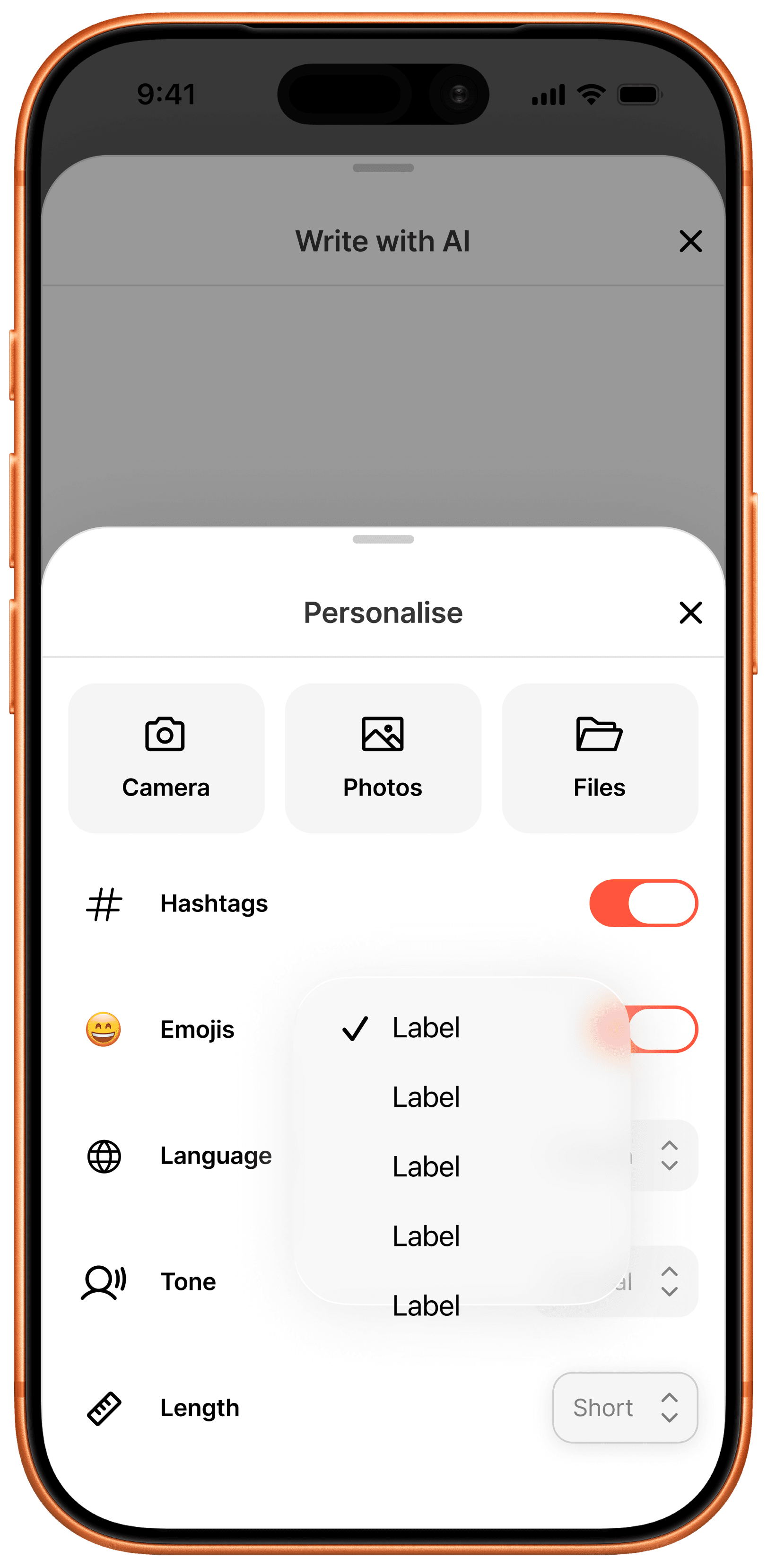 Personalise panel with Camera, Photos, Files, Hashtags, Emojis, Language, Tone, and Length controls