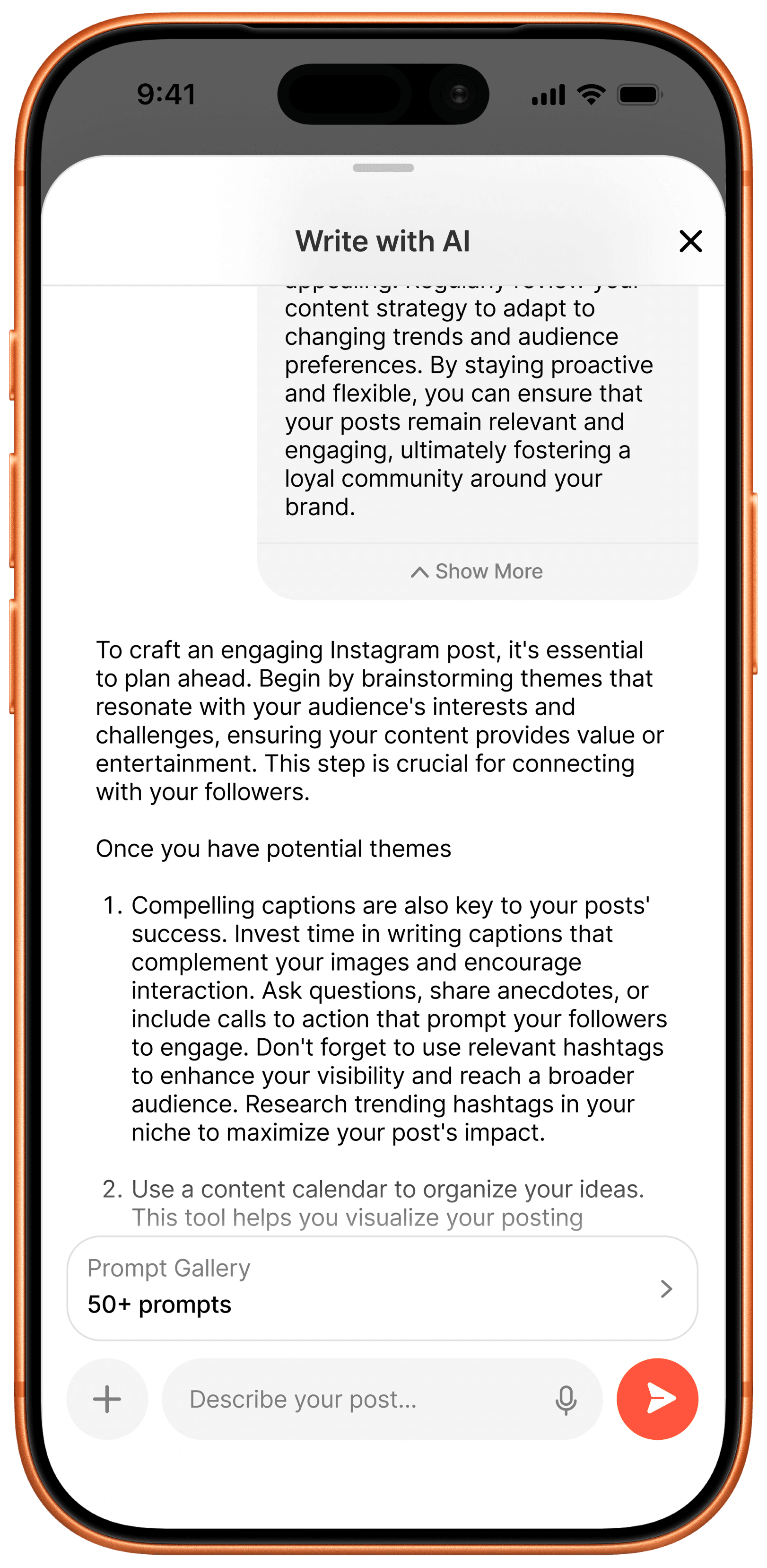 AI response streaming in with a numbered list inside the Write with AI thread