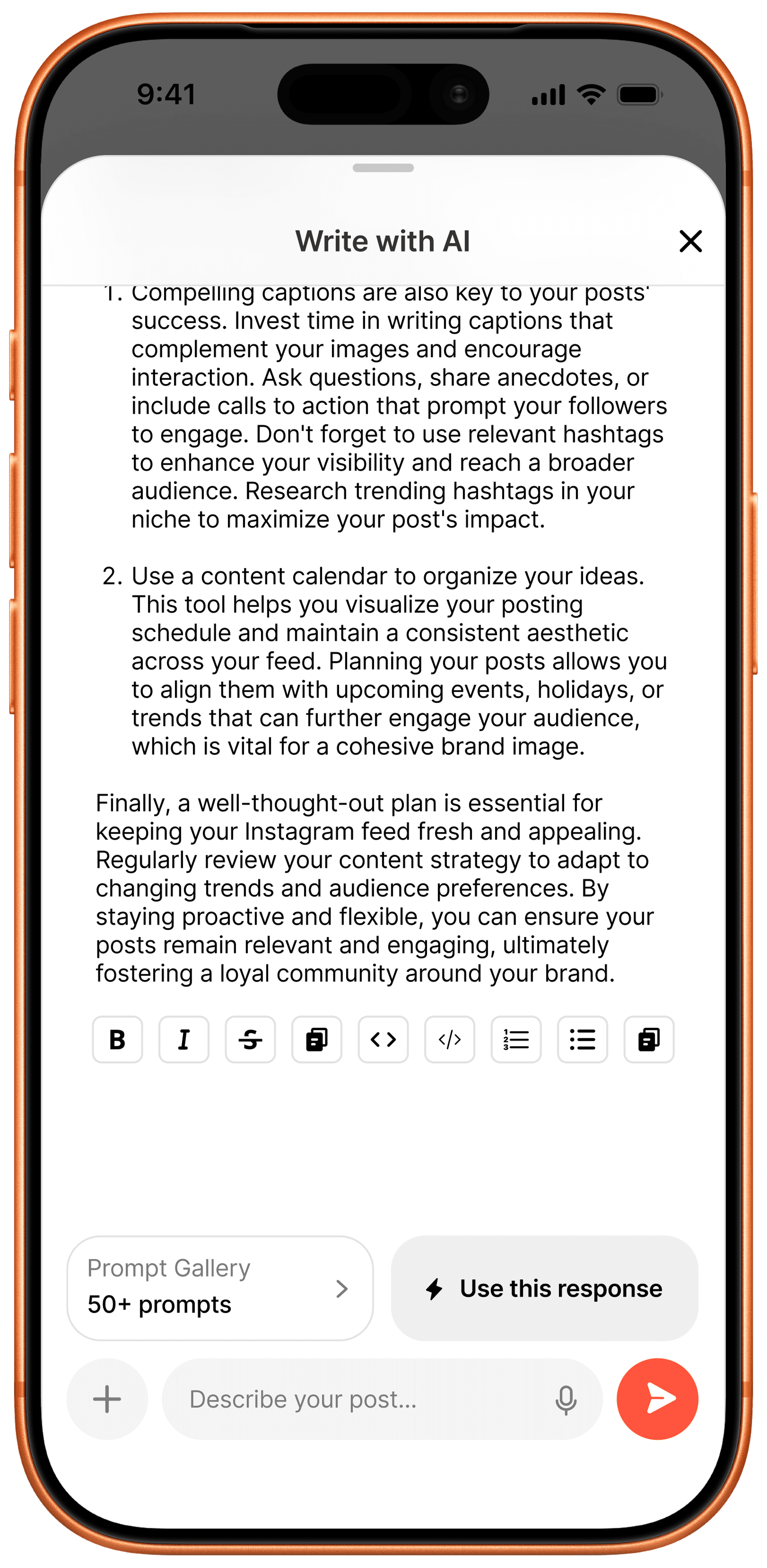 Rich-text formatting toolbar with a Use this response action