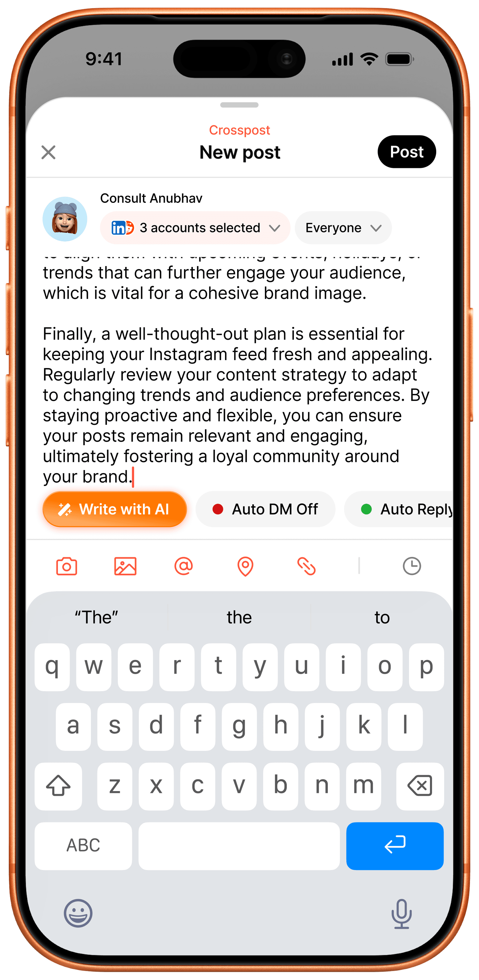 New post composer with the AI-generated caption applied and Crosspost label showing