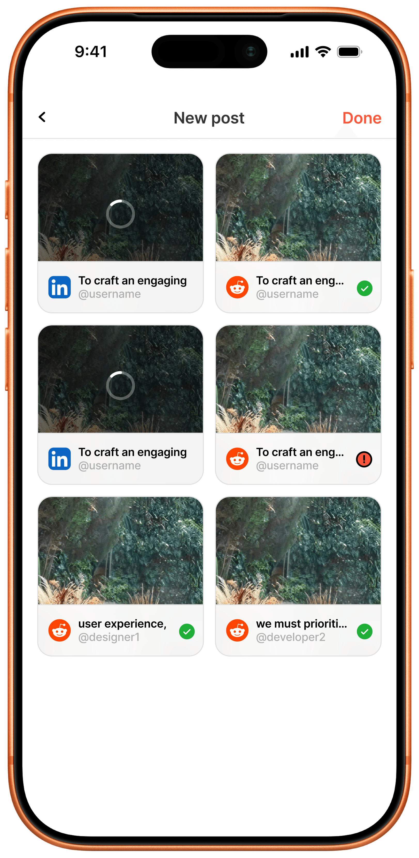 Publish status grid showing per-platform posting progress, success, and failure states