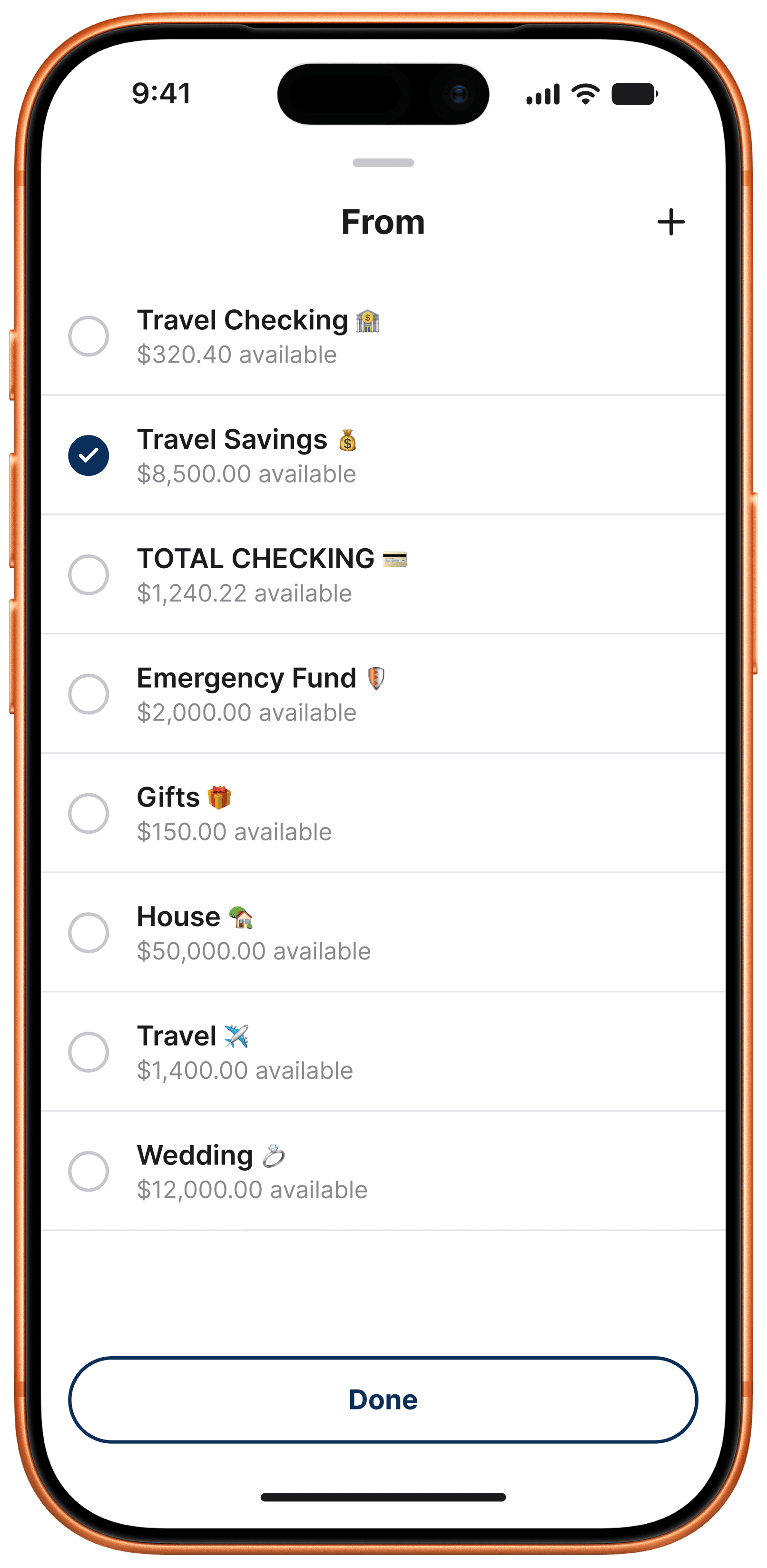 Account picker screen with Travel Savings selected