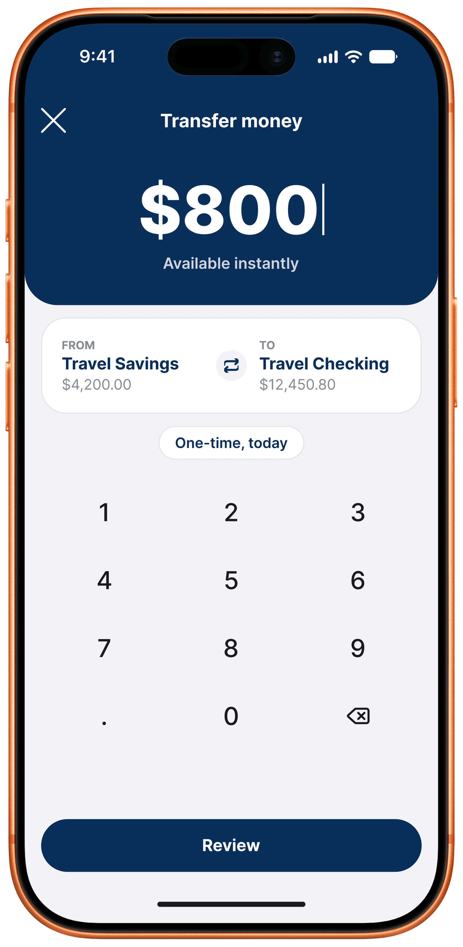 Transfer review screen showing an $800 transfer from Travel Savings to Travel Checking