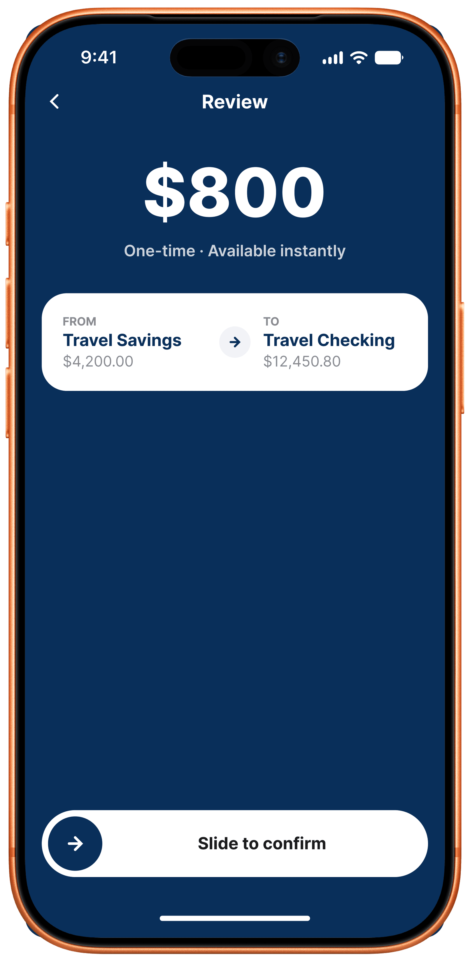 Transfer confirmation screen with a slide-to-confirm control
