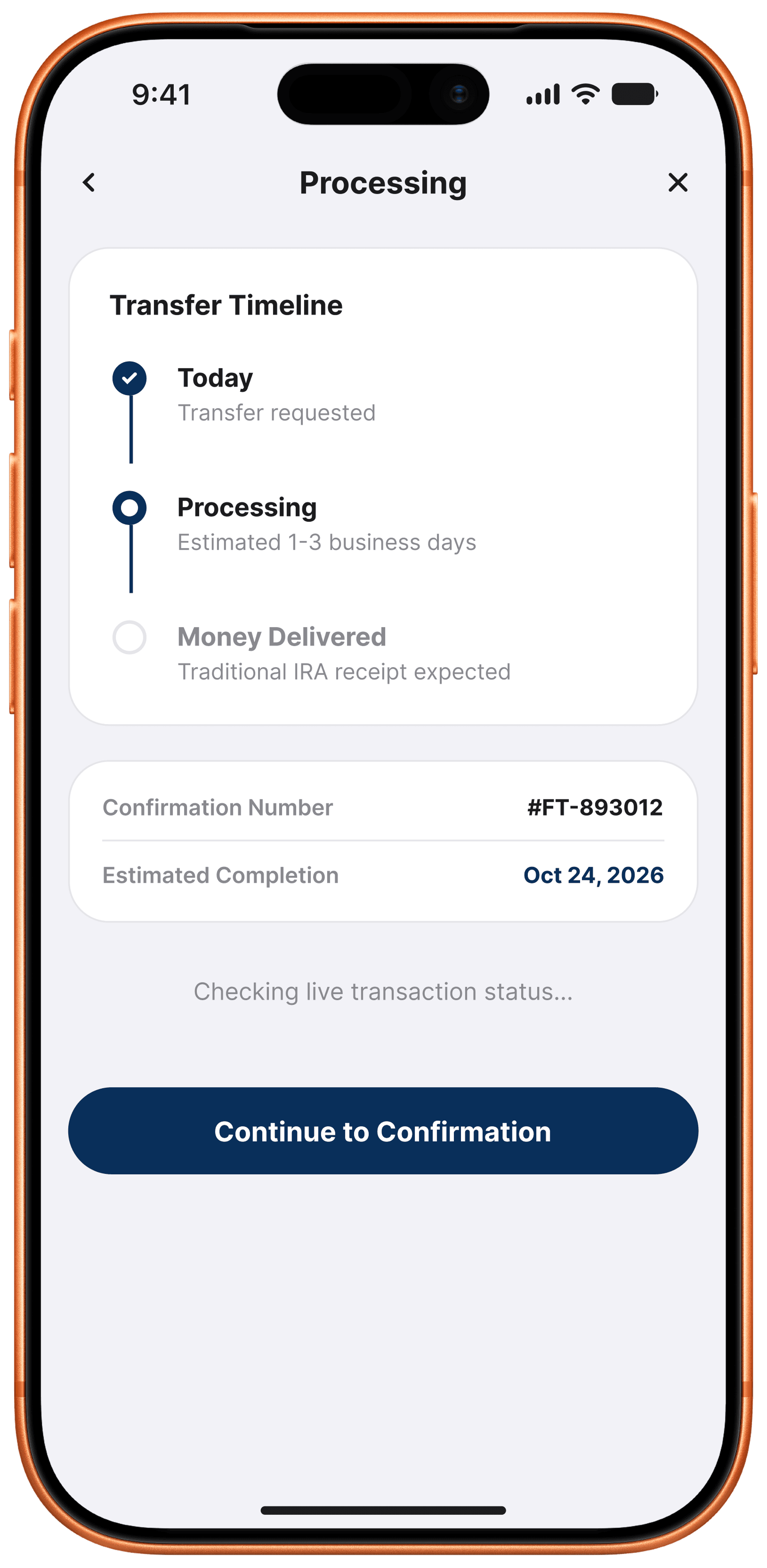 Traditional wizard processing screen after amount entry