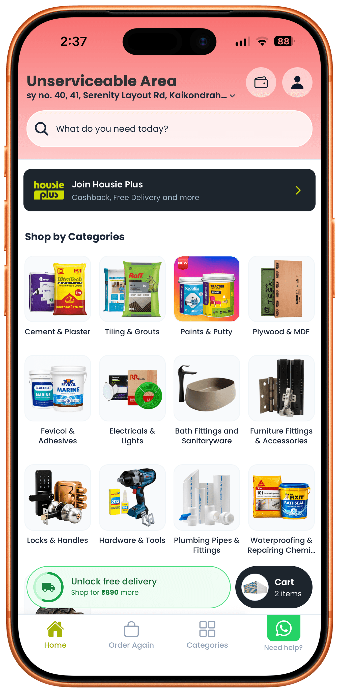 Housie home screen with search bar, Housie Plus banner, and a 12-tile Shop by Categories grid