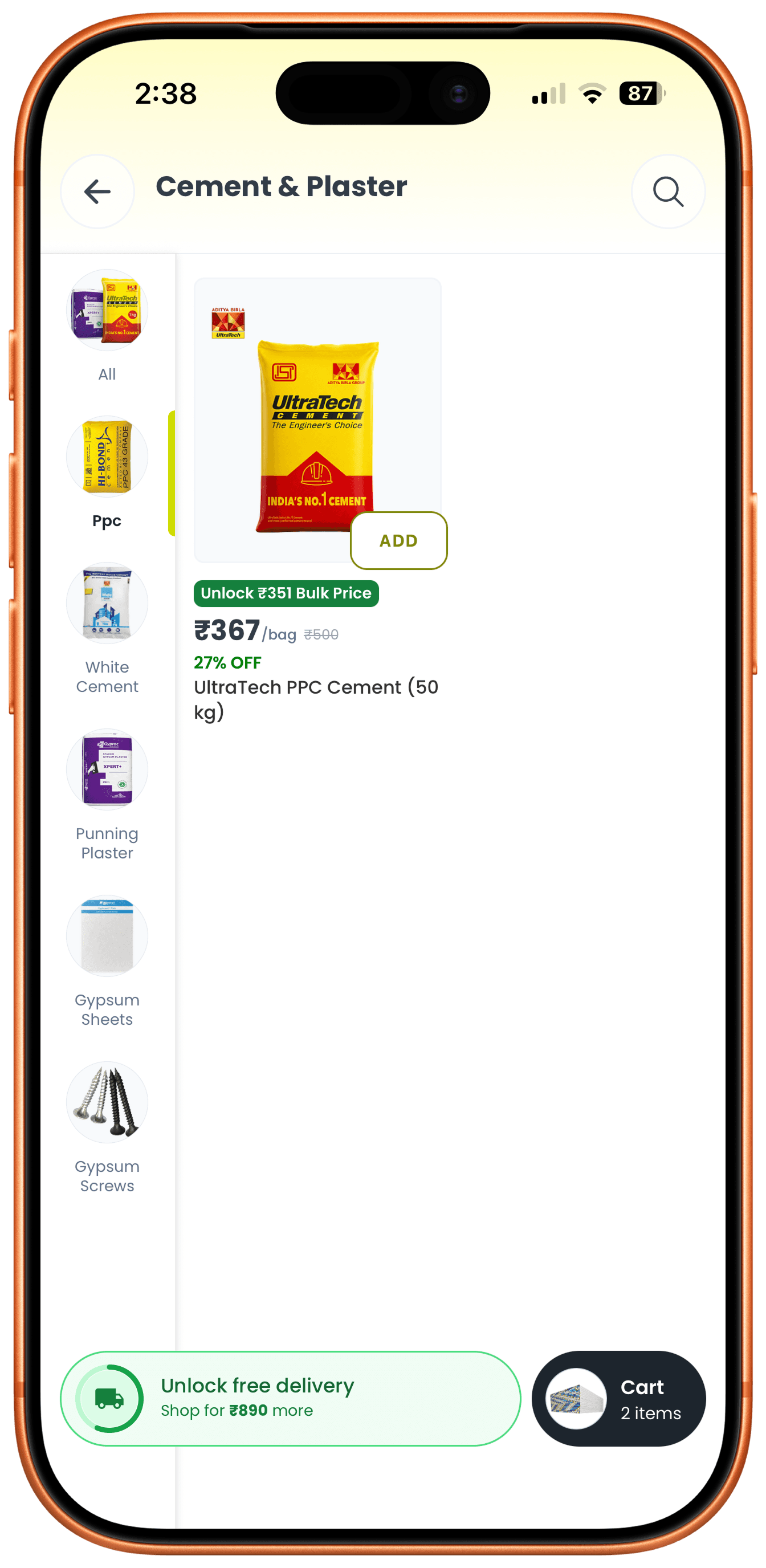 Cement and Plaster category listing with a sub-category sidebar and an Unlock Bulk Price banner