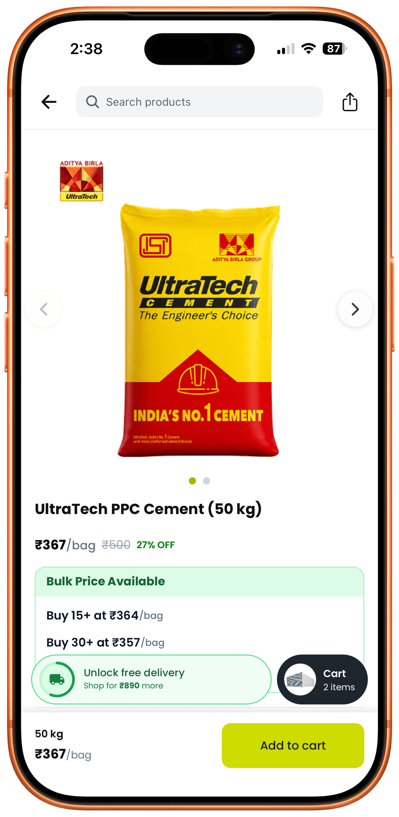 UltraTech cement product page showing tiered bulk pricing at 15+ and 30+ bag quantities