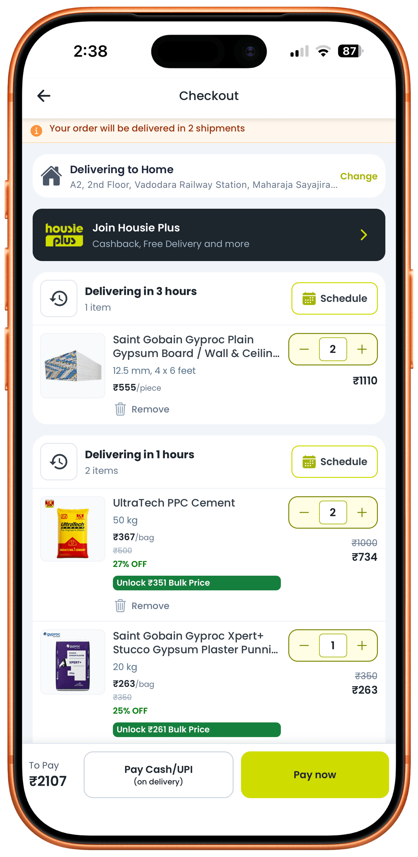 Checkout screen split into a 3-hour shipment and a 1-hour shipment, each with its own Schedule action