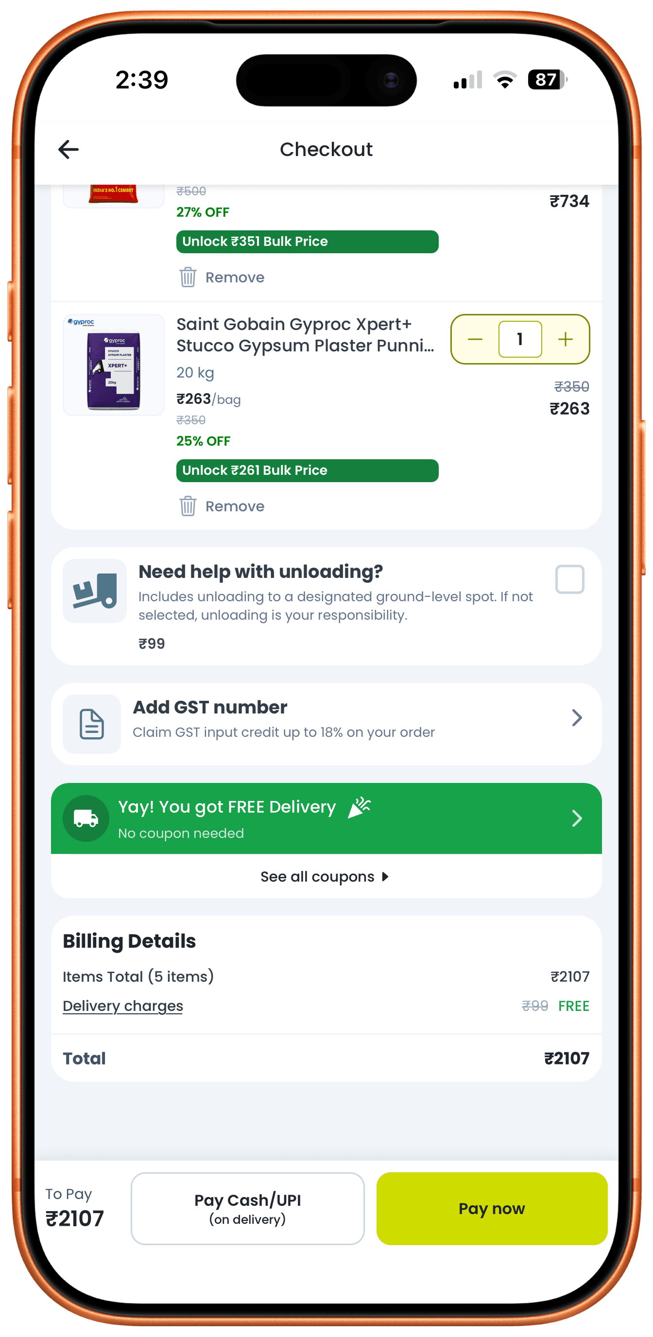 Checkout billing details with a Yay you got FREE Delivery banner and total cost breakdown