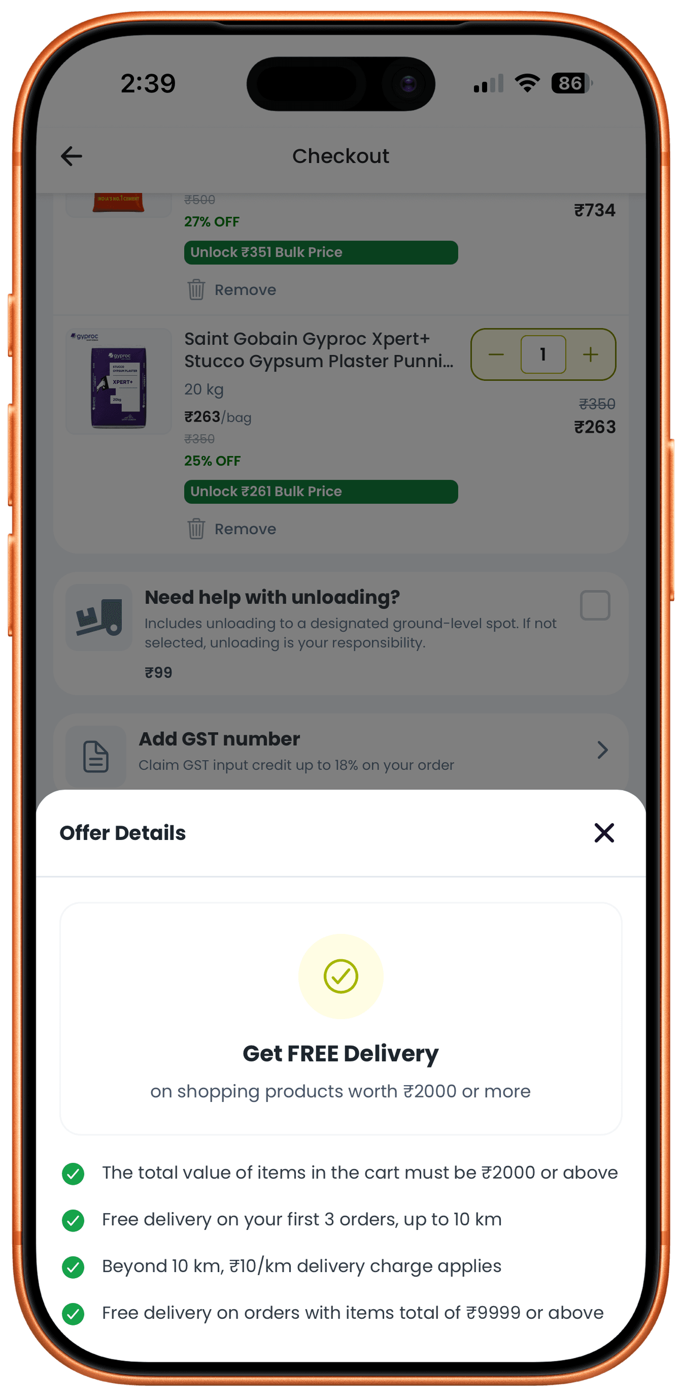 Offer Details sheet listing the exact free-delivery threshold and per-km charge rules