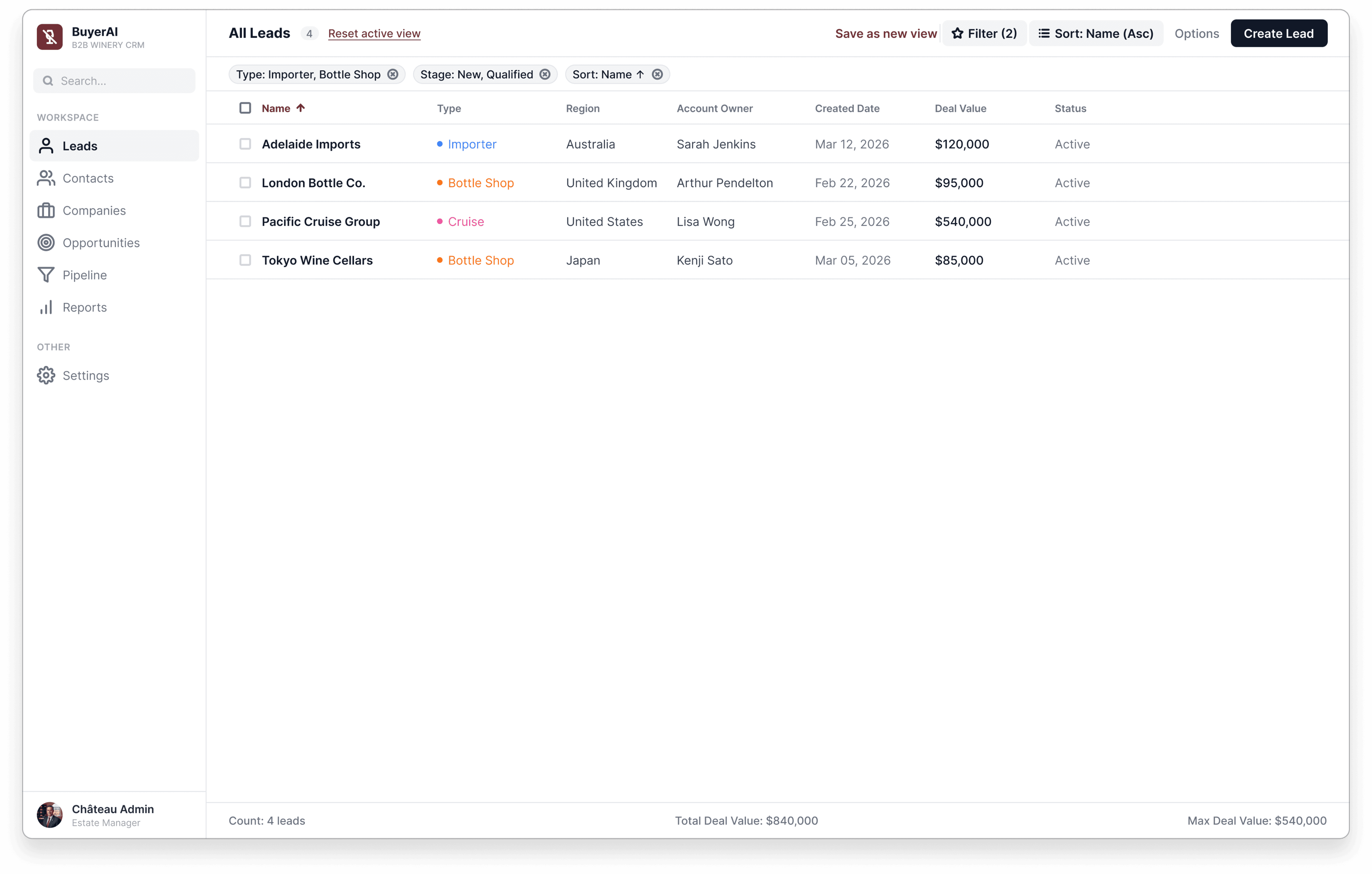 Filtered and sorted view of the leads table with a Save as new view option