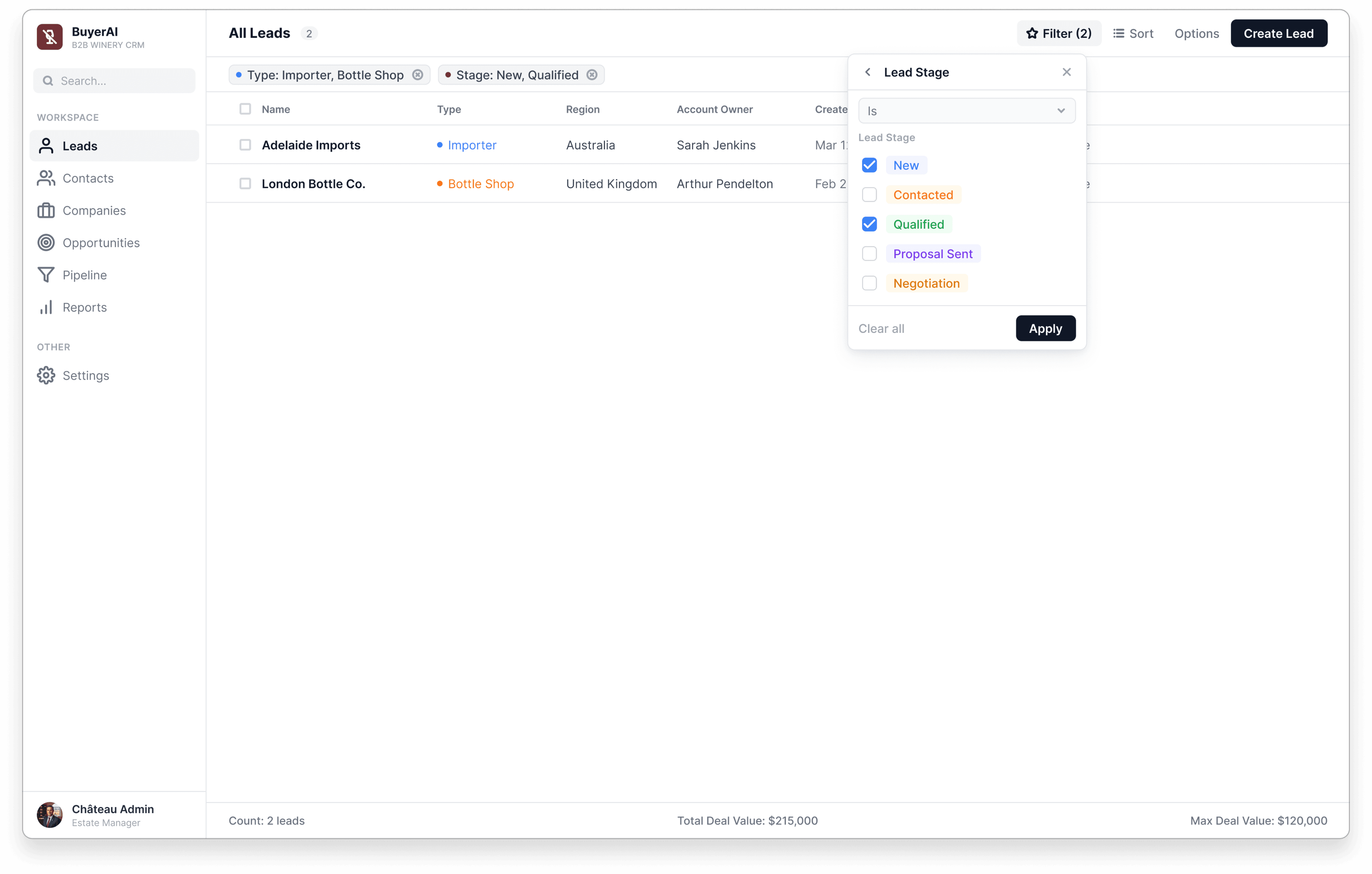 Lead Stage filter panel narrowing the leads table to a smaller result set